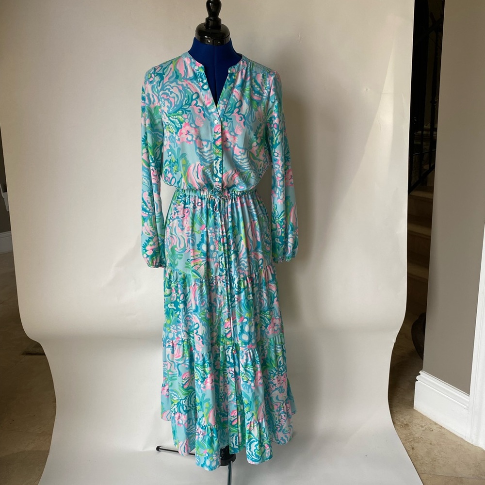 Blue and Pink Floral Maxi Wrap Dress with Bishop Sleeves